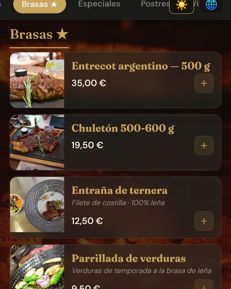 Carta pública de 3 Puntos vista desde el móvil del cliente · categoría Brasas con Entrecot, Chuletón, Entraña y Parrillada