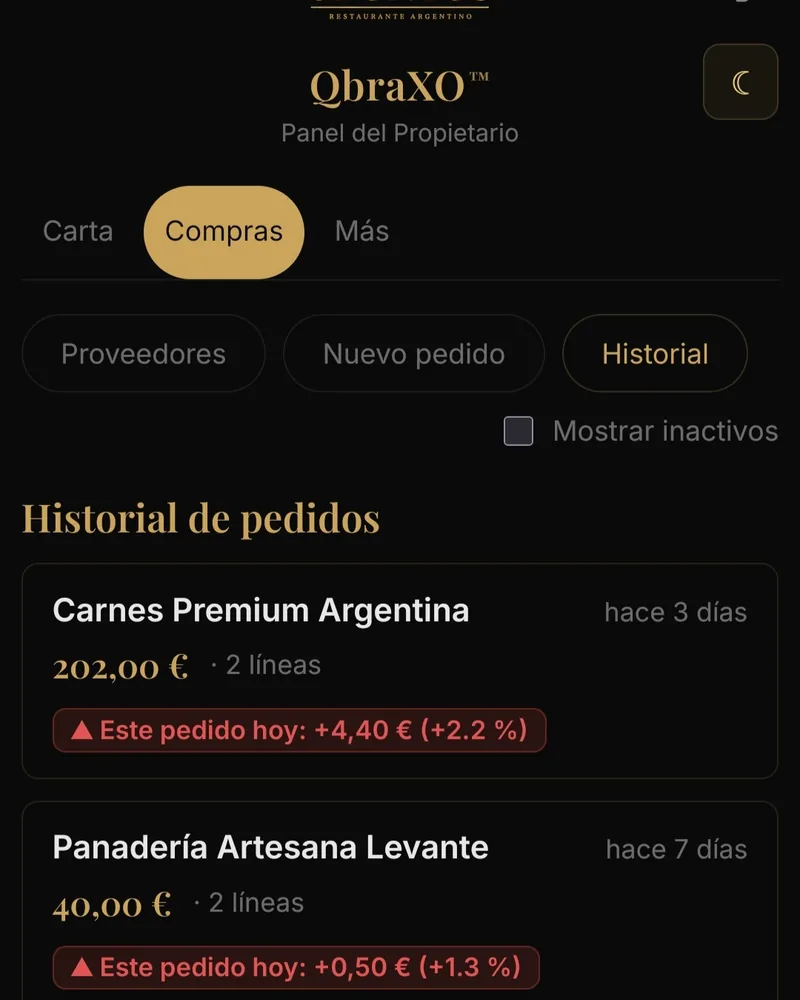 Panel del propietario QbraXO con alertas de precio